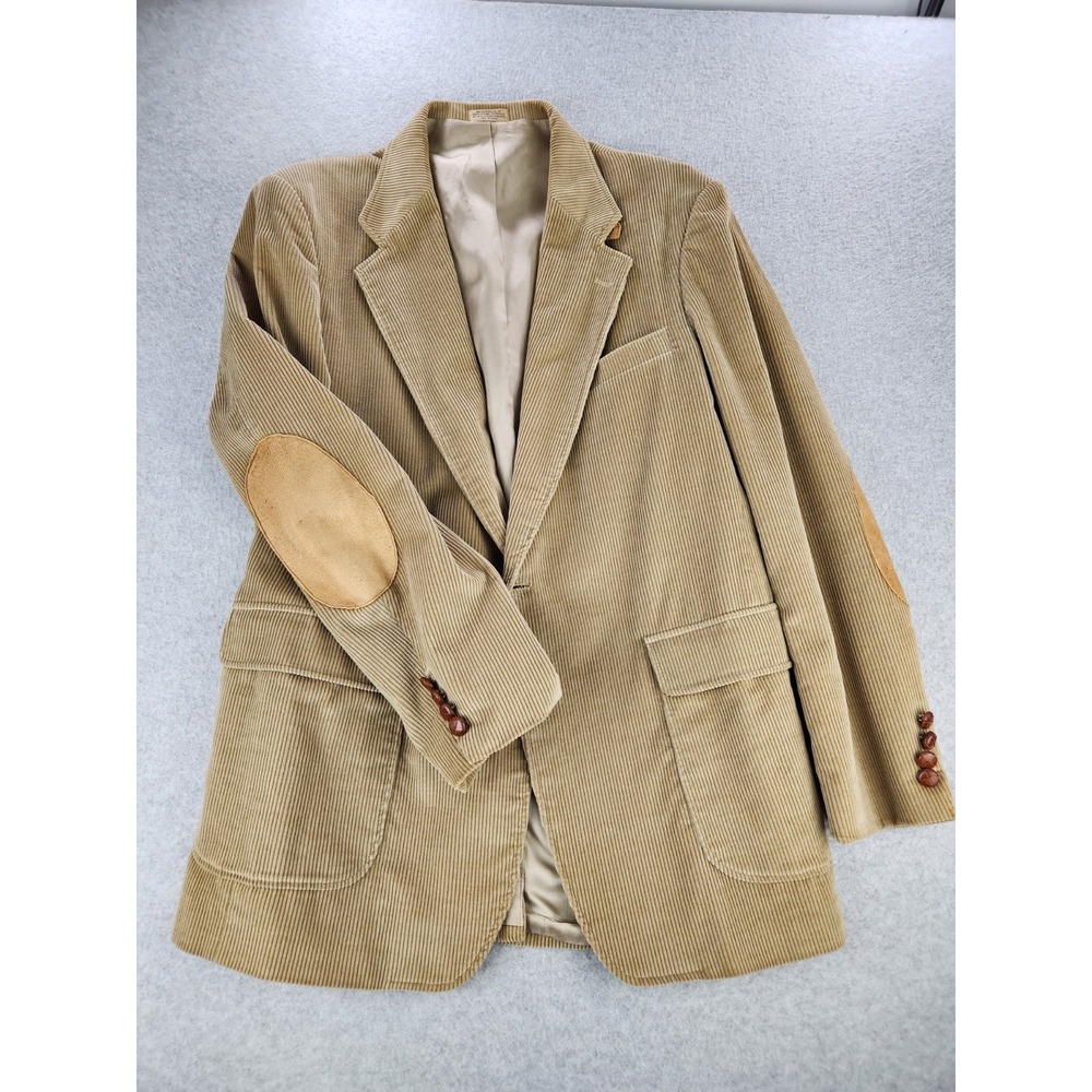 Blazer Tan Beige 2 Button Sport Coat Lined Jacket Elbow Patches 42‎ Long 42L